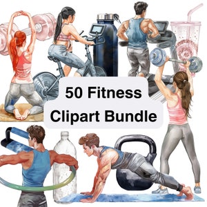 Fitness clipart Gym workout digitaal ontwerp met de hand getekende aquarelillustraties 50 mannelijke en vrouwelijke afbeeldingen leuke oefeningen Gewichtheffen plakboek
