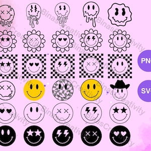 May include: A set of 20 black and white smiley face icons in various styles, including checkered, hearts, stars, lightning bolts, and a cowboy hat. The icons are perfect for use in digital projects, crafts, or as stickers.