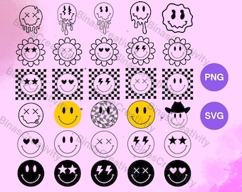 Smiley Face SVG Bundle – Retro Smiley PNG, Checkered & Drippy Happy Face Clipart, Groovy Emoji SVG for Cricut (Digital Download)