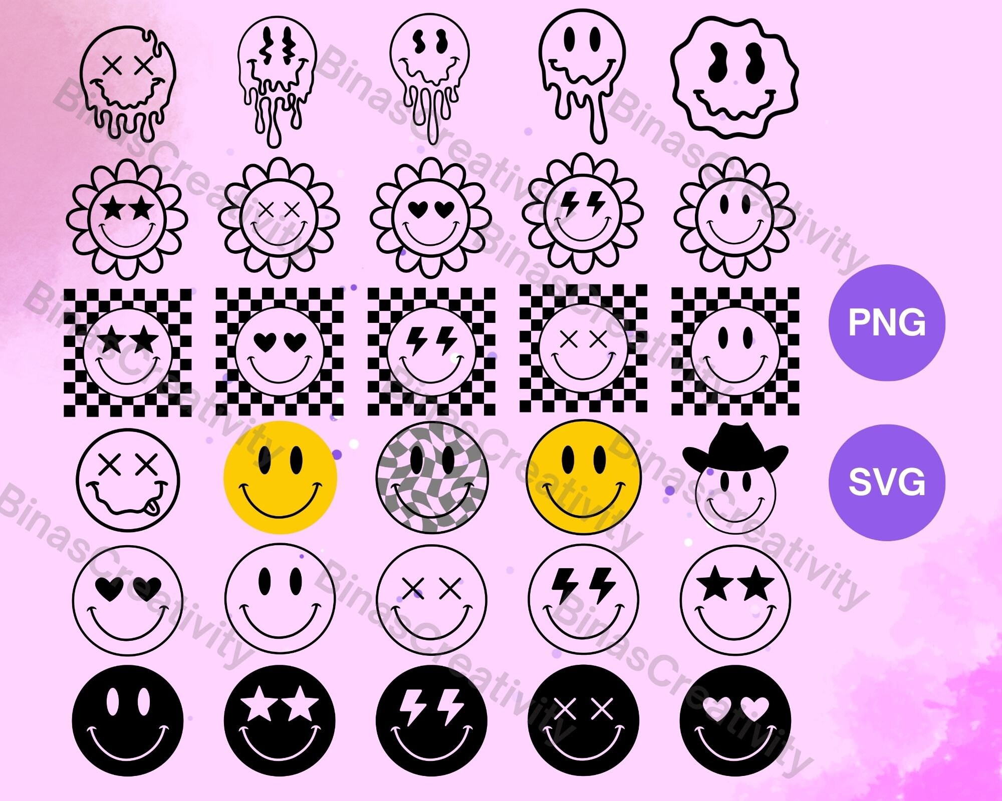 Smiley Face SVG Bundle – Retro Smiley PNG, Checkered & Drippy Happy ...