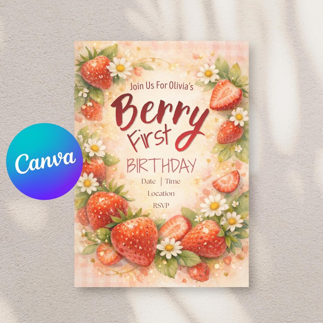Berry First Birthday Invitation Template, Editable Strawberry 1st ...