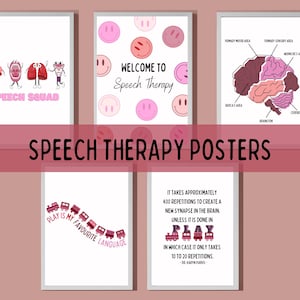 Puede incluir: Conjunto de seis pósters coloridos para terapia del habla. Los pósters presentan ilustraciones de un equipo de habla, un cerebro, un tren y caras sonrientes. El texto en los pósters incluye "Speech Squad", "Bienvenido a la terapia del habla", "Jugar es mi idioma favorito" y "Se necesitan aproximadamente 400 repeticiones para crear una nueva sinapsis en el cerebro, a menos que se haga en el juego, en cuyo caso solo se necesitan de 10 a 20 repeticiones."