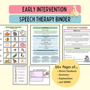May include: An early intervention speech therapy binder set featuring educational pages, an articulation screener with illustrations, stuttering information, and expectant pausing guides. Includes over 50 pages of parent handouts and speech sound development charts.