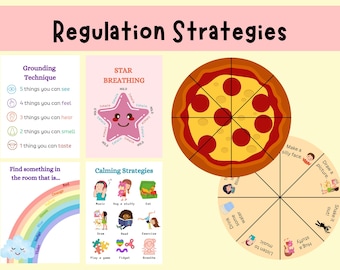 Op de afbeelding: Een kleurrijke educatieve poster met de titel "Regulatiestrategieën". Het bevat visuele hulpmiddelen voor aarding, sterademhaling en kalmeringstechnieken. Een pizza en een cirkeldiagram met kalmerende activiteiten zijn ook afgebeeld.
