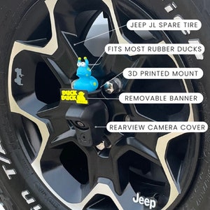 Rubber Duck Spare Tire Mount aftermarket part for jeep wrangler JL with available custom logos and banners.  Fits most regular sized ducks.