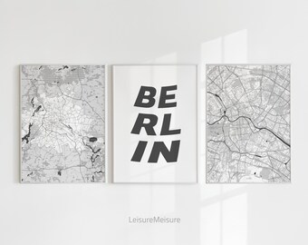 3er Set Berlin Stadtplan | Trendige druckbare Kunst | Deutschland Berlin Poster | Leinwand Home Dekor Berlin Karte | Modernes Typografie Plakat