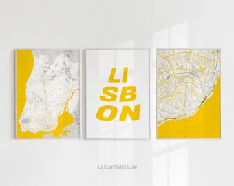 Set of 3 Lisbon City Map | Trendy Printable Wall Art | Portugal Lisbon Poster | Canvas Home Decor Lisbon Map | Modern Typo Poster