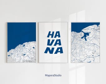 Set van 3 stadsplattegronden Havana | Trendy afdrukbare muurkunst | Cuba Havana-poster | Canvas woondecoratie kaart Havana | Postermuur Havana als cadeau