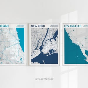 Set 3 New York Chicago Los Angeles Karte Poster | Digitaler Download druckbare Wandkunst | Reise Home Office Dekor | USA Karte Drucke