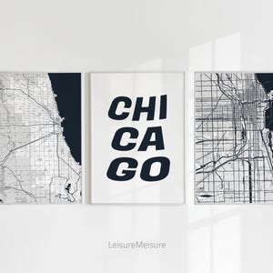 Juego de 3 mapas de la ciudad de Chicago / Arte de pared imprimible de moda / Póster de Chicago de EE. UU. / Decoración del hogar en lienzo Mapa de Chicago / Póster de tipografía moderna
