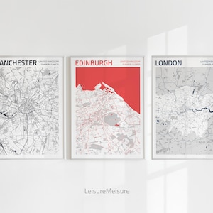 Lot de 3 affiches de carte du Royaume-Uni | Art mural imprimable en téléchargement numérique | Déco de voyage pour bureau à domicile | Impressions de carte de Manchester Edimbourg Londres