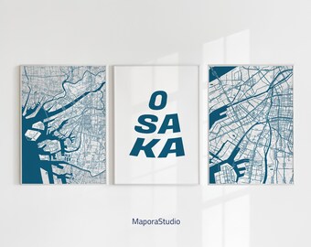 Set van 3 stadsplattegronden van Osaka | Trendy afdrukbare muurkunst | Japan Osaka-poster | Canvas woondecoratie kaart Osaka | Postermuur Osaka