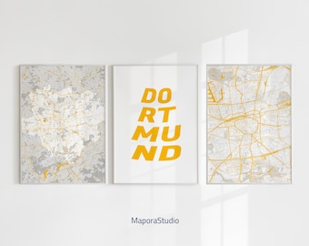3er Set Dortmund Stadtplan | Trendige druckbare Kunst | Deutschland Dortmund Poster | Wandbild Dortmund Karte | Modernes Typografie Plakat