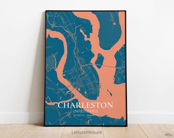 Charleston Karte Wandkunst | Stilvolle druckbare Kunst | USA Charleston Poster | Wandbild Stadtplan | Charleston Plakat