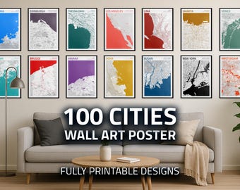 100 Stadtplan Poster Bündel | Modernes Minimal Wand Kunst Design | Druckbare Stadt Karten für Zuhause & im Büro Dekor | 100 Canvas Maps Stadtplan