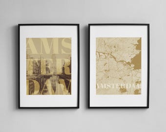 2er-Set Amsterdam Retro Poster | Druckbare Wandkunst | Poster Download Retro Stadt | Kunst Karte zum selbst ausdrucken | Leinwand Wohnkultur