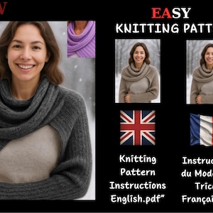 ENGLISH and french pdf Scarf with Sleeves Type Knitting Pattern ,Cozy Wrap with Sleeves Download Easy DIY Knit Pattern,easy wrap,knitting