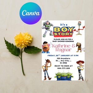 以下が含まれることがあります： 「It's a Boy Story」の文字とトイ・ストーリーのキャラクターが描かれたベビーシャワーの招待状。Kathrine & Ragnarの名前、日付、時間、RSVP情報が含まれています。黄色い花とCanvaのロゴも表示されています。