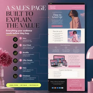 May include: A digital marketing sales page template featuring a pink and dark blue gradient background. The layout includes sections for a hero image, client targeting, benefits, offer details, FAQs, and a checkout area with clear text labels.