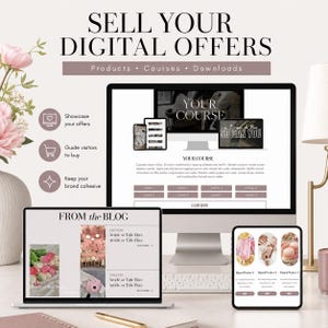 May include: A digital marketing display featuring a computer monitor, a laptop, and a tablet showing website templates. The text reads SELL YOUR DIGITAL OFFERS, Products, Courses, Downloads, YOUR COURSE, FROM the BLOG, and Digital Product 1, 2, 3.