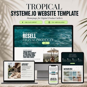 May include: A digital website template for Systeme.io displayed on a desktop monitor, a laptop, a tablet, and a smartphone. The screens feature a tropical theme with water imagery, black text, and lime green buttons for digital product sellers.