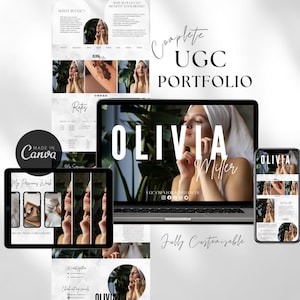 May include: A digital UGC portfolio presentation featuring a laptop, tablet, and smartphone displaying a website design. The portfolio includes the name "OLIVIA MILLER" and the text "Complete UGC Portfolio". The design is fully customizable and made in Canva.