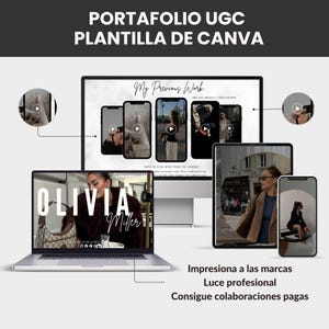 May include: A digital marketing portfolio template displayed on a laptop, computer monitor, tablet, and smartphones. The text on the screen reads "My Previous Work" and "Olivia Miller." Additional text includes "Impress the brands," "Look professional," and "Get paid collaborations."