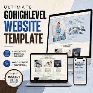 May include: A GoHighLevel website template displayed on a desktop monitor, a laptop, and a smartphone. The design features text including Ultimate GoHighLevel Website Template, 8-page website, sales page, checkout, and instant digital access.