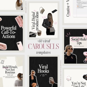 May include: A collection of digital social media carousel templates featuring various layouts with black and white backgrounds, text overlays including Viral Digital product ideas, Powerful Call-To-Actions, Social Media Tips, and Build Rituals, Not Just Routines.