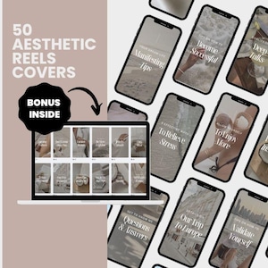 Può includere: Prodotto digitale di copertine per Reels estetiche. L'immagine mostra un laptop con 50 copertine per Reels, con il testo "50 Aesthetic Reels Covers" e "Bonus Inside". Sono visibili anche diversi smartphone con sovrapposizioni di testo come "Manifesting Tips" e "Become Successful".