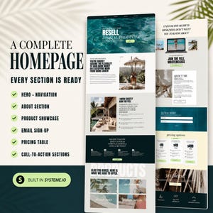 May include: A digital product template for a website homepage featuring sections for hero navigation, about, product showcase, email sign-up, pricing, and call-to-action. The layout includes text, images, and a built-in Systeme.io label.