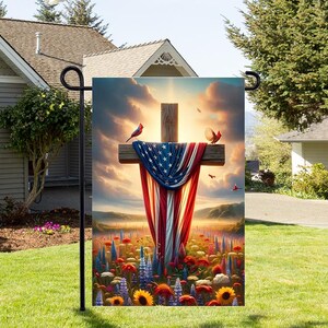 God Bless America Garden Flag 12x18 – 4th of July Outdoor Decor with Cross Patriotic Yard Flag Memorial Day Religious Banner