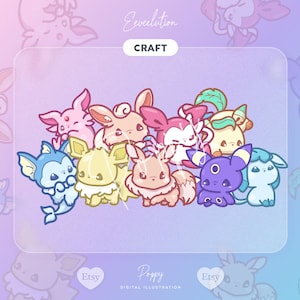 Może przedstawiać: Cyfrowa ilustracja przedstawiająca dziewięć pastelowych ewolucji Eevee. Postacie są ułożone w półkole, a ich ogony zachodzą na siebie. Tło to jasny fioletowy gradient.