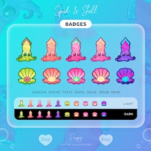 Op de afbeelding: Een set digitale badges met een inktvis en een schelp in verschillende kleuren en maten. De badges zijn beschikbaar in lichte en donkere versies. De tekst "Squid & Shell Badges" staat bovenaan de afbeelding. De tekst "234X234, 112X112, 72X72, 56X56, 36X36, 28X28, 18X18" staat onder de badges. De tekst "LIGHT" en "DARK" staat onder de maatopties. De tekst "Etsy" en "Poppy Digital Illustration" staat onderaan de afbeelding.