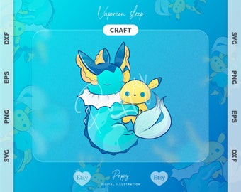 Op de afbeelding: Een blauw Vaporeon Pokémon-personage met een witte kraag omhelst een geel Pikachu Pokémon-personage. De tekst "Vaporeon sleep CRAFT" staat boven de personages. De tekst "Etsy" staat aan beide kanten van de personages.