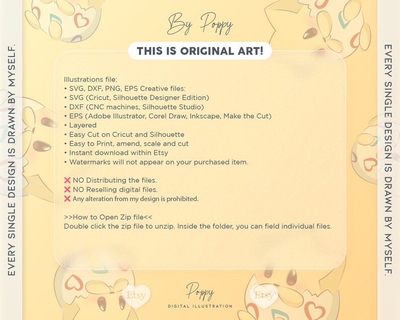 May include: A digital illustration of a cute cartoon character with a pink, white, and green egg-shaped body. The character is surrounded by hearts and the text "Every single design is drawn by myself." is written on the right side of the image. The text "This is original art!" is written in a yellow box at the top of the image. The text "By Poppy" is written above the yellow box. The text "Digital Illustration" is written below the character. The text "Etsy" is written on the bottom left and right corners of the image.