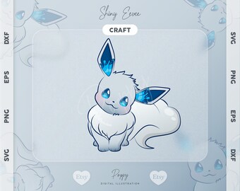 Puede incluir: Una ilustración digital de un Eevee brillante, un Pokémon blanco con marcas azules, en un estilo de dibujos animados lindo. El Eevee está de pie sobre un fondo azul claro con el texto "Shiny Eevee" y "CRAFT" arriba.