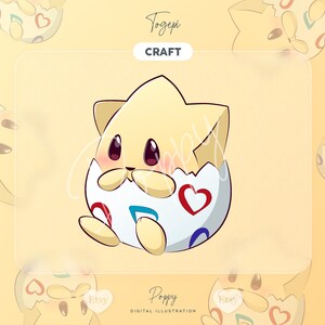 May include: A cartoon illustration of Togepi, a Pokemon character, in an egg. Togepi is yellow with a star on its head and is peeking out of the egg. The egg is white with red hearts and blue swirls.
