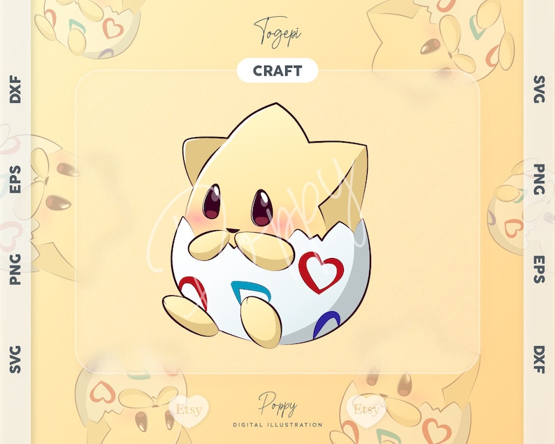 May include: A cartoon illustration of Togepi, a Pokemon character, in an egg. Togepi is yellow with a star on its head and is peeking out of the egg. The egg is white with red hearts and blue swirls.
