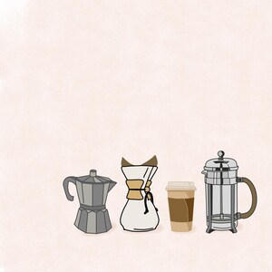 May include: Illustration of coffee brewing equipment: a stovetop espresso maker, a Chemex, a disposable coffee cup, and a French press. The items are in a row against a light pink background.