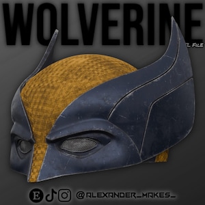 May include: A blue and yellow Wolverine mask with a textured surface and a mesh eye covering. The mask is worn on the left side of the face.