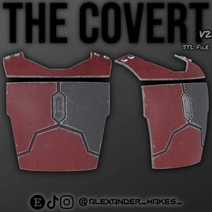 Puede incluir: Un modelo impreso en 3D de una pieza de armadura de pecho futurista, con un esquema de color rojo y gris. El modelo está dividido en varias piezas, y el texto "THE COVERT V2 STL FILE" es visible en la parte superior de la imagen.