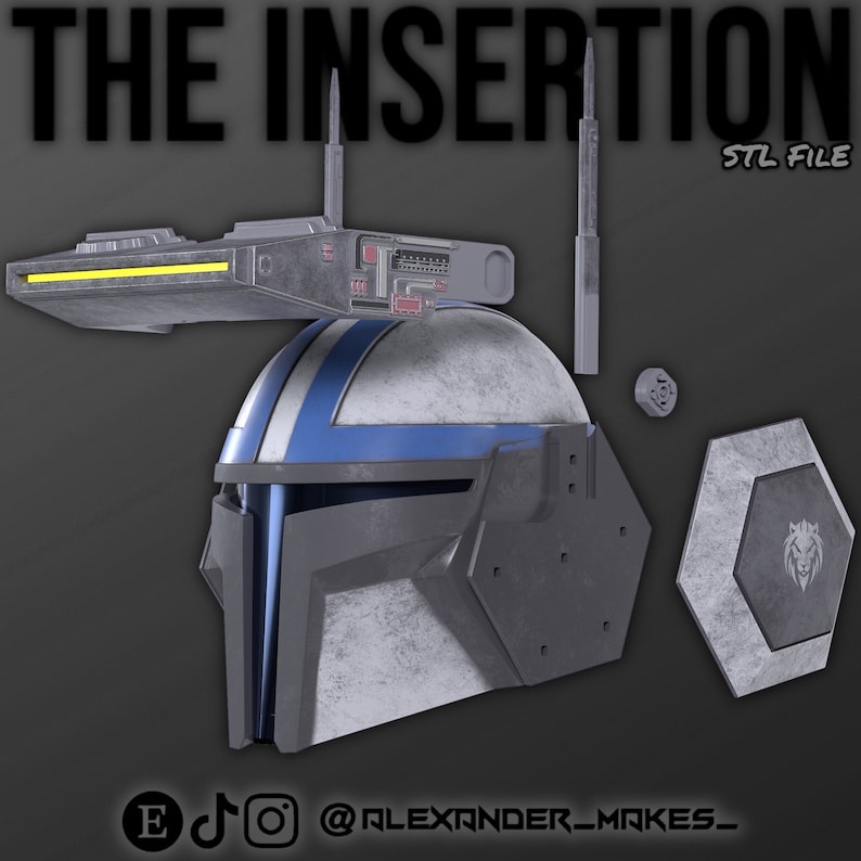 May include: A 3D printed model of a Star Wars clone trooper helmet with a blue and white paint scheme. The helmet is in pieces, including the helmet, a visor, a top piece, and a small antenna. The helmet is labeled "The Insertion STL File".