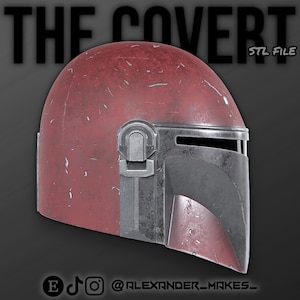 May include: A red and black helmet with a weathered, distressed look. The helmet has a visor and a raised detail on the top. The text "STL FILE" is visible in the upper right corner of the image.