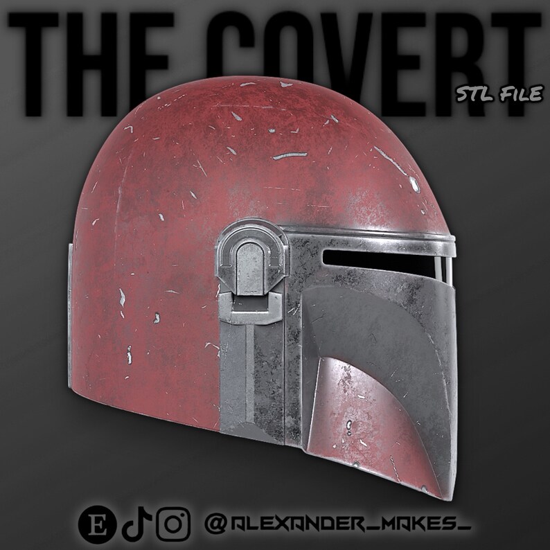 May include: A red and black helmet with a weathered, distressed look. The helmet has a visor and a raised detail on the top. The text "STL FILE" is visible in the upper right corner of the image.