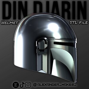 May include: A silver 3D printed Mandalorian helmet. The helmet is a detailed replica of the character's helmet from the Star Wars series. The helmet is labeled "Din Djarin Helmet" and "STL File".