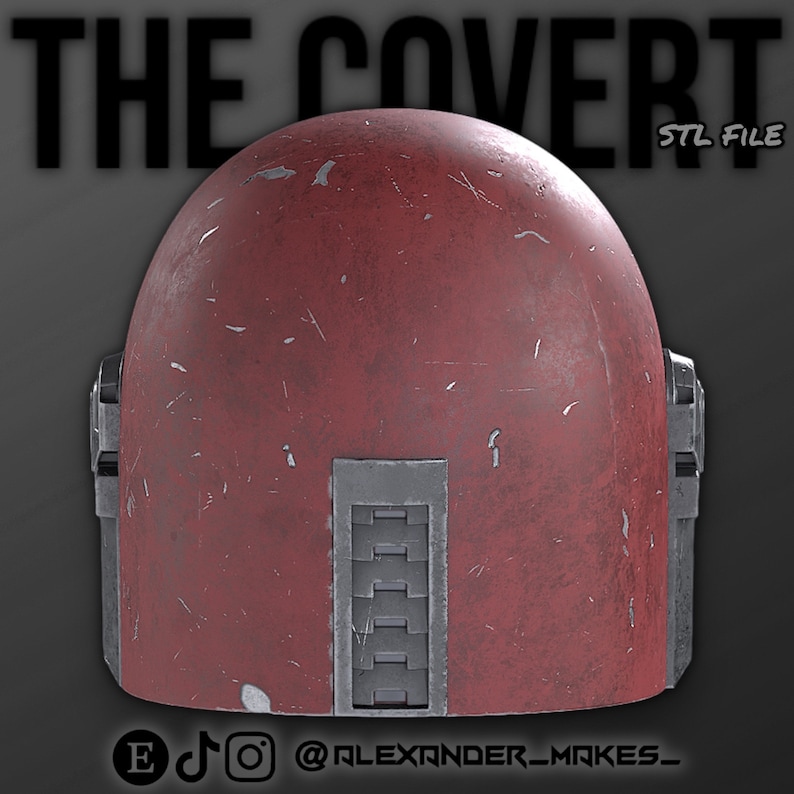 May include: A red helmet with a weathered, distressed finish. The helmet has a rectangular panel with vertical lines on the back. The text "STL FILE" is visible in the upper right corner of the image.