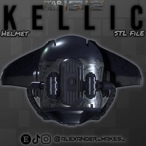 Pu&ograve; includere: Un casco stampato in 3D con una finitura blu scuro e argento. Il casco ha una grande parte rotonda per la testa con una visiera rettangolare pi&ugrave; piccola. Il casco ha anche due piccole protuberanze cilindriche su entrambi i lati della visiera. Il casco &egrave; etichettato "KEL-LIC HELMET STL FILE".
