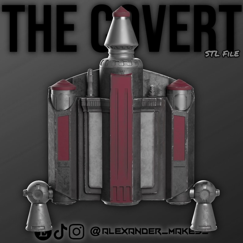 May include: A detailed, metallic jetpack design with red and silver accents. The jetpack features a central red panel, two side cylinders, and two lower thrusters. The text "THE COVERT" and "STL FILE" are visible.
