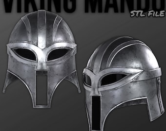 May include: Two silver Viking helmet designs with black visors and a white stripe detail. The text "VIKING MANDO STL FILE" is in the upper right corner of the image.